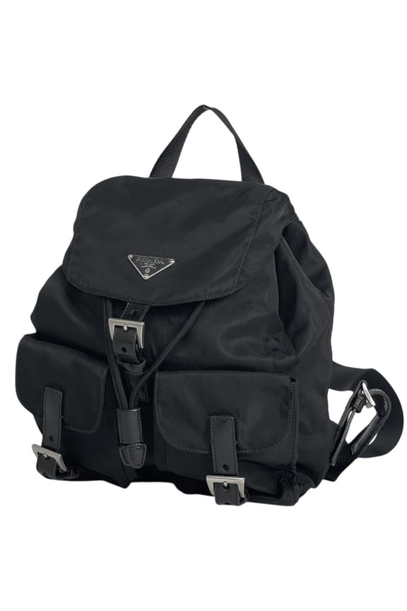 Pre-Owned Prada PRADA Backpack with Logo Plate, Nylon, Nero (Black), Women's