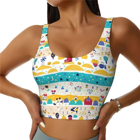 Jgfou Funny Farm Print Womens Sports Bra - Padded Workout Sports Bras Crop Tank Top