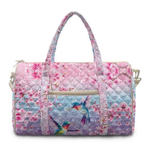 Garronmavis Large Quilted Duffle Bag for Women, Cherry Blossom Hummingbird Weekender Bag Overnight Travel Bag, Carry On Gym Dance Tote with Zipper Pockets