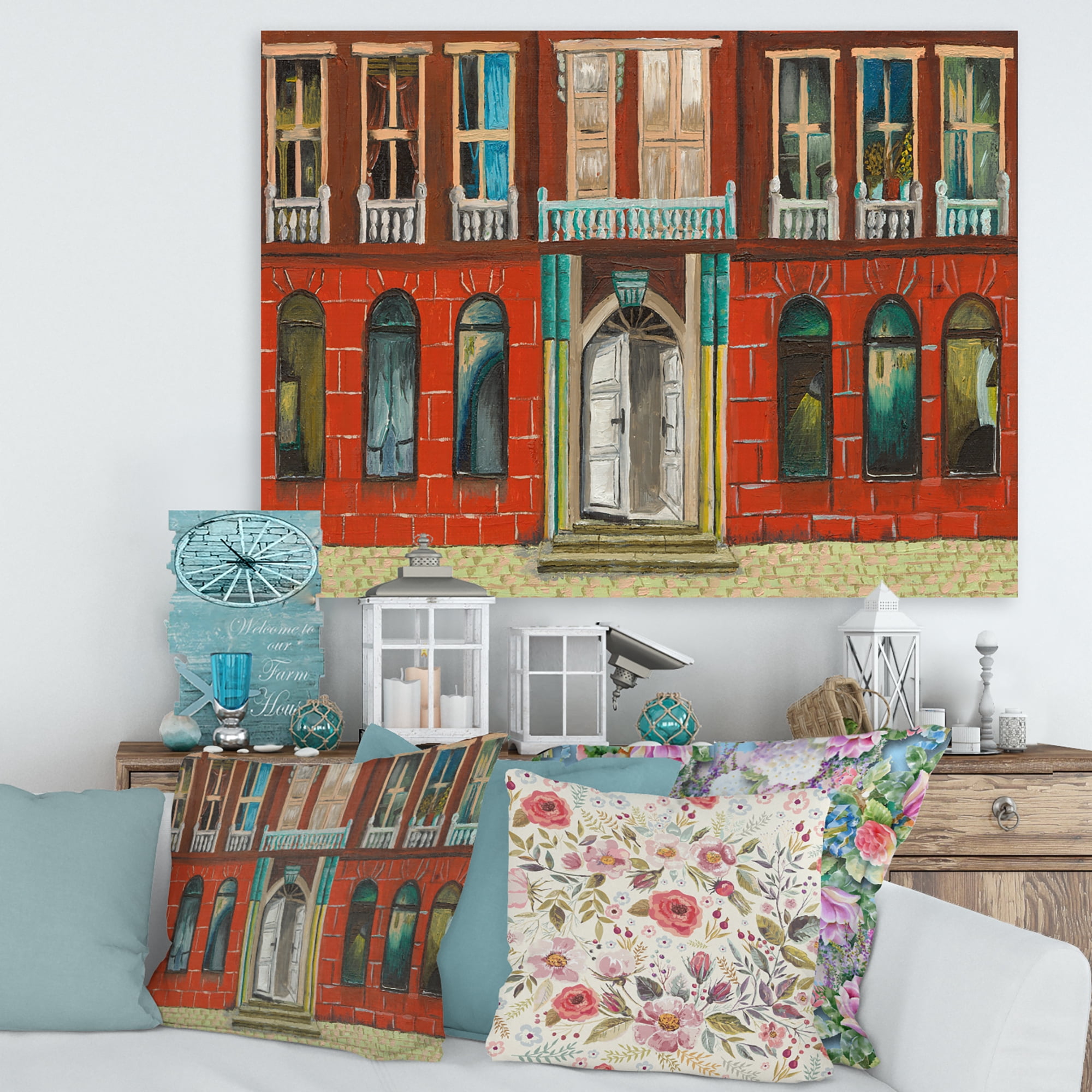 Designart ' Vintage Red Facade of Shop In Paris II ' French Country Canvas Wall Art Print