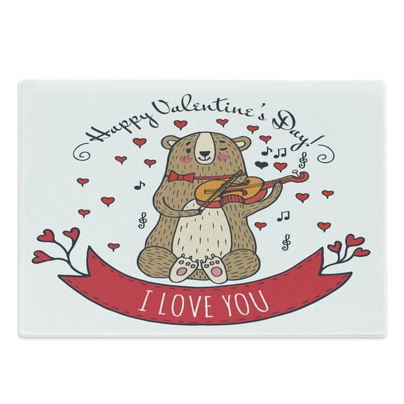 Valentines Day Cutting Board, Teddy Bear Violin Made Romantic Music Notes Heart I Love You, Decorative Tempered Glass Cutting and Serving Board, Large Size, Red Brown, by Ambesonne