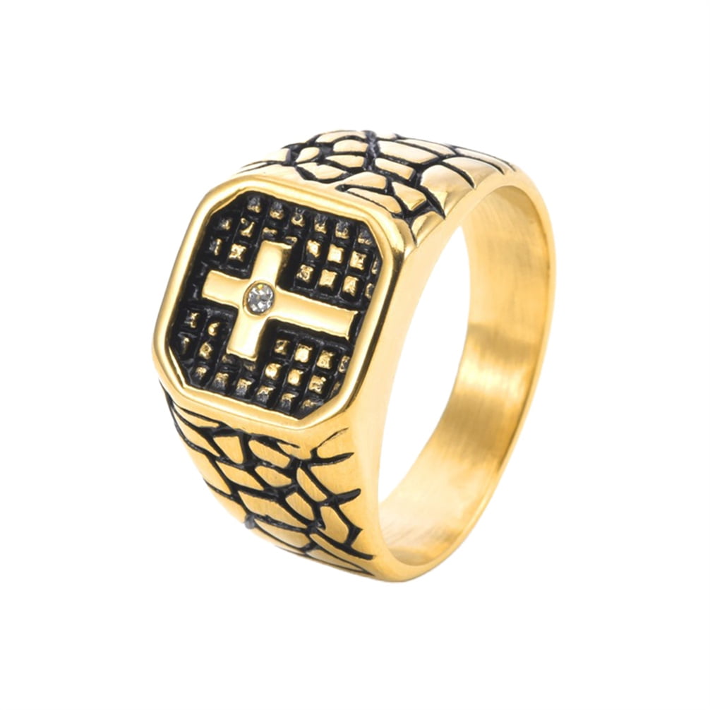 HIRPLIS Cross Signet Rings for Men Cracked Texture Stainless Steel Cubic Zirconia Religious Prayer Faith Vintage Punk Gothic Statement Personalized Gift Jewelry Gold Plated 9