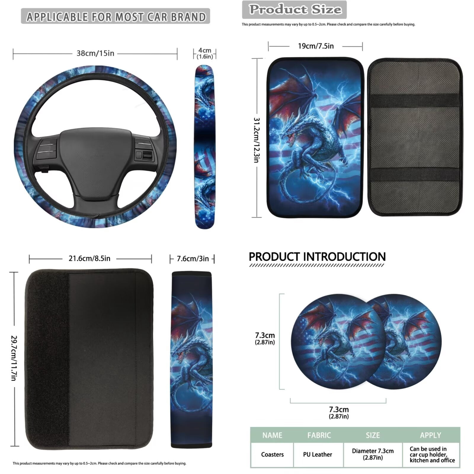 Binienty Western Dragon Lightning Car Seat Covers Full Set with Matching Steering Wheel Cover American Flag Car Interior Decor Set for Truck Van Sedan Car Armrest Cover Seat Belt Covers Coasters