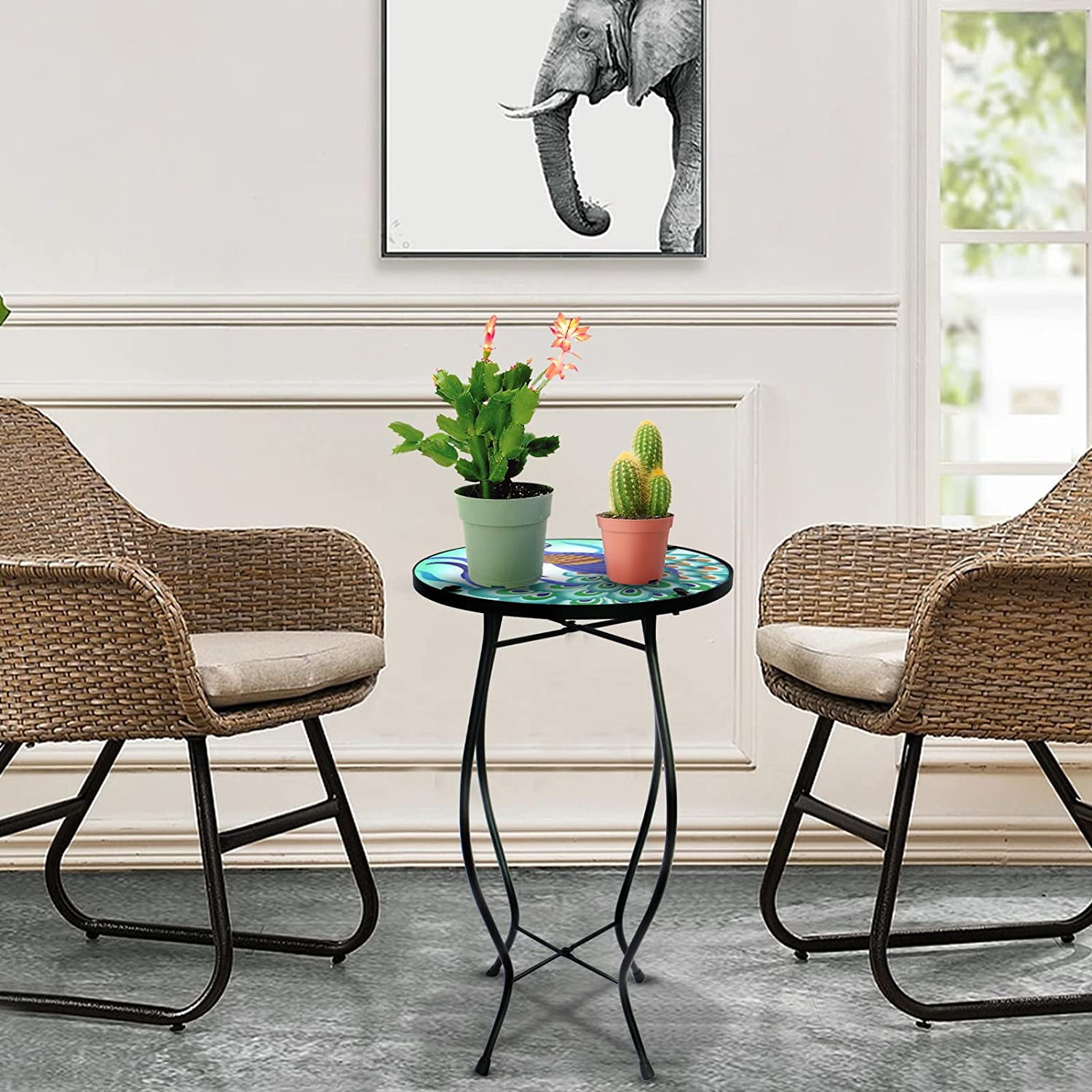 Patio Side Table Outdoor Mosaic Table Accent Coffee Table,Plant End Table Small Porch Peacock Table Indoor,Round Glass Balcony Small Porch Plant Table Stands for Garden Patio Living Room 14 Inch
