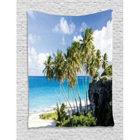 Scenery Decor Tapestry, Caribbean Island Overlook with Palm Tree and Ocean Exotic Destination Print, Wall Hanging for Bedroom Living Room Dorm Decor, 60W X 80L Inches, Cream Blue, by