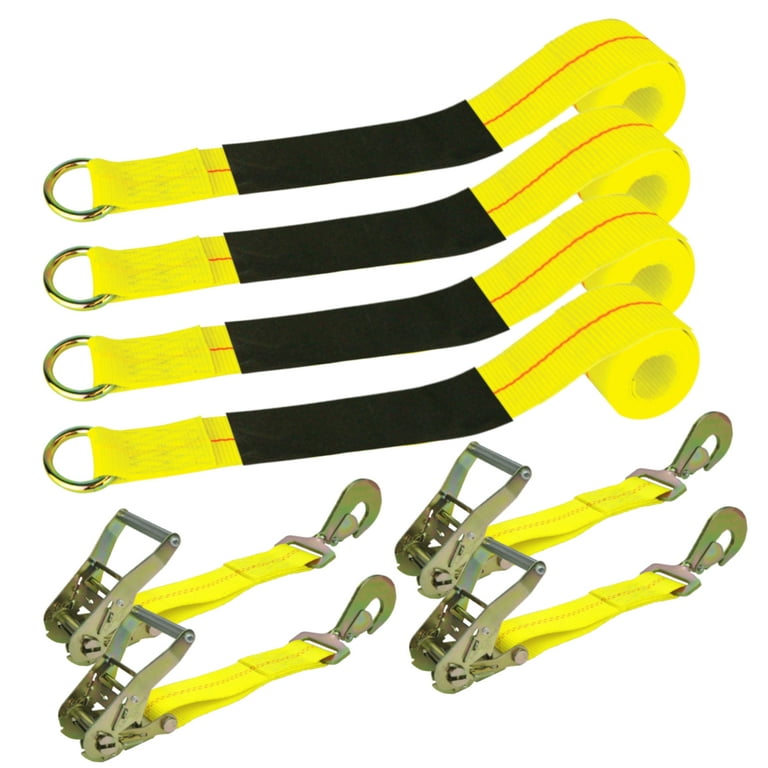Vulcan Economy Car Tie Down Kit with 4 Lasso Straps, 4 Snap Hook Ratchets, and 4 Free 36 inch Axle Straps - 3,300 Pound Safe Working Load