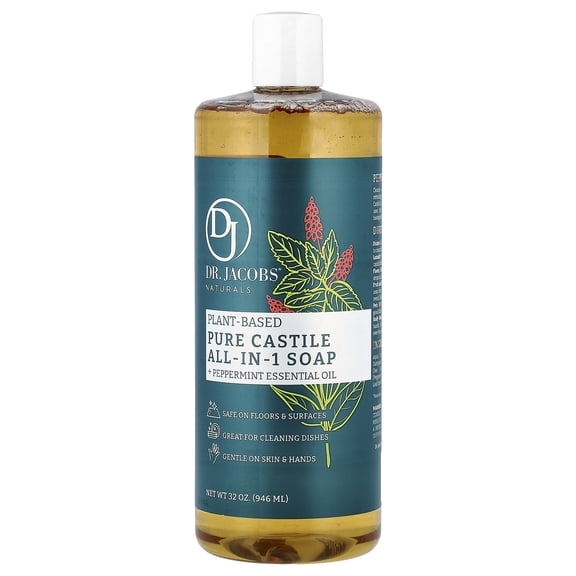 Dr. Jacobs Naturals Peppermint Castile Soap All-In-One Cleaner Plant-Based Formula, 32 Fl. Oz.