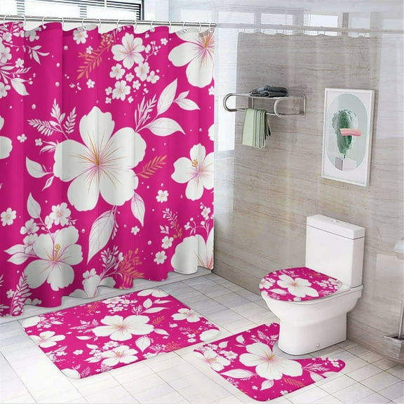Red with White Hibiscus Hawaiian Flower Pattern Shower Curtain Bathroom Sets Toilet Lid Rug, Rugs Mat Bath Mat And Contour Mat, Shower Curtain 4Pcs