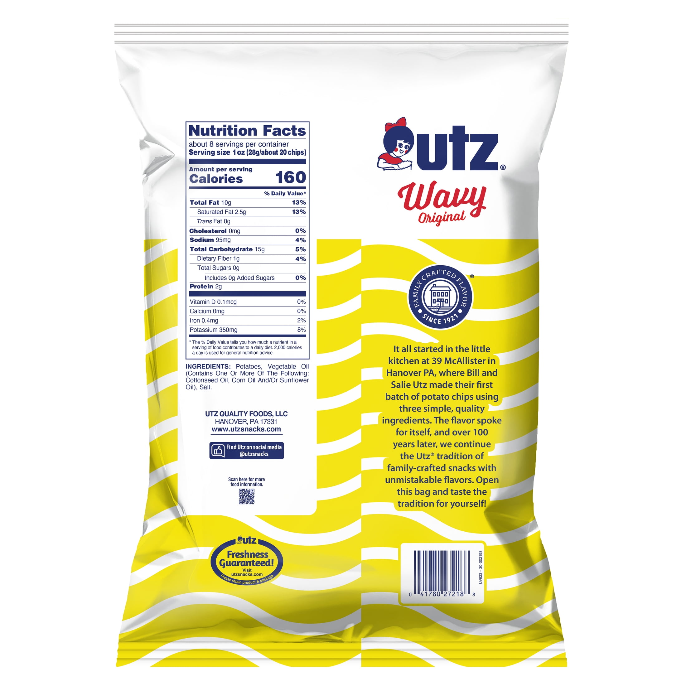 Utz Wavy Original Potato Chips, Gluten-Free, Family Size, 7.75 oz Bag