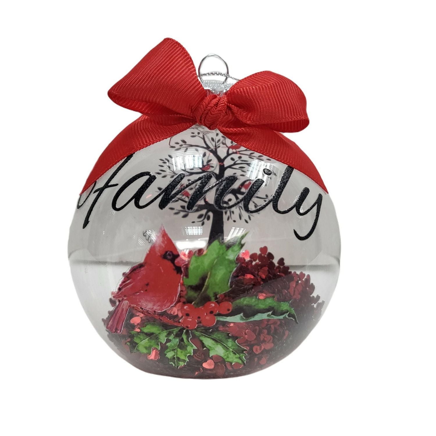 "Family" Red Cardinal Christmas Collectible Glass Ball Ornament, 4 in, Holiday Time