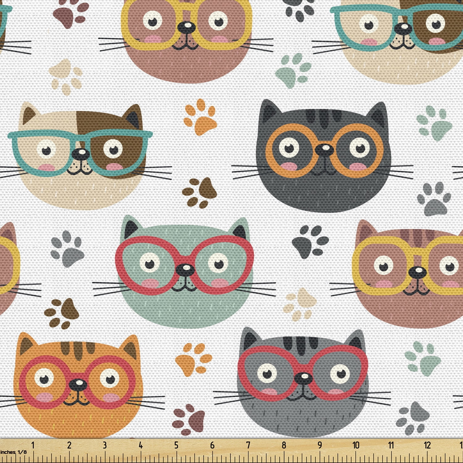 Cats Fabric by the Yard, Pattern with Playful Kitty Faces Wearing