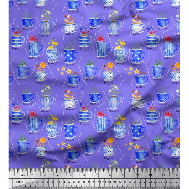 Soimoi Rayon Fabric Spices & Tea Cup Watercolor Printed Fabric 1 Yard 56 Inch Wide
