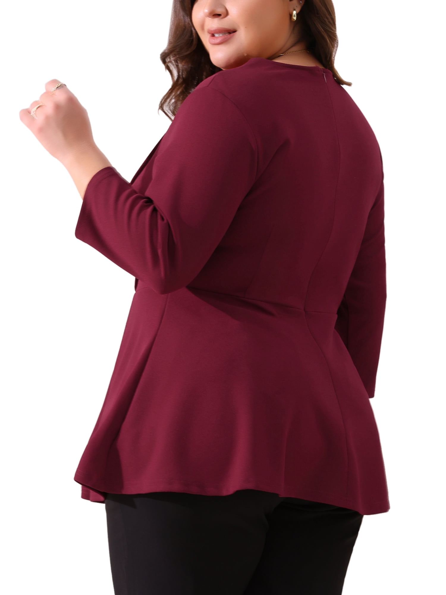 DARING DIVA Women's Plus Elegant Crew Neck 3/4 Sleeve Peplum Top 2X Burgundy