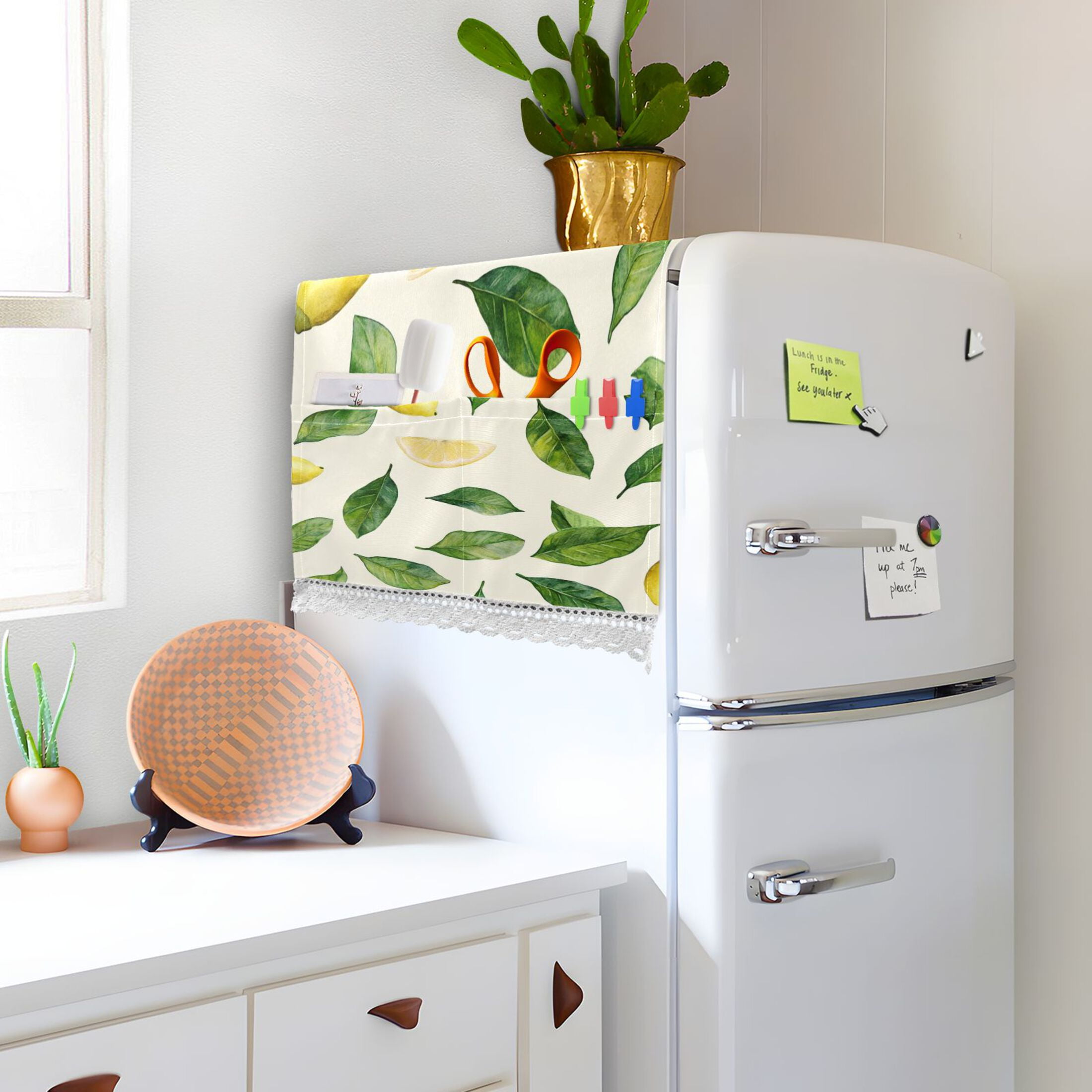 Lemon LeafWasher and Dryer Covers Dust-Proof and Oil Resistant Fridge Cover with 4 Storage Pockets Washing Machine Top Cover for Laundry Kitchen Home 51.2 x 22 In