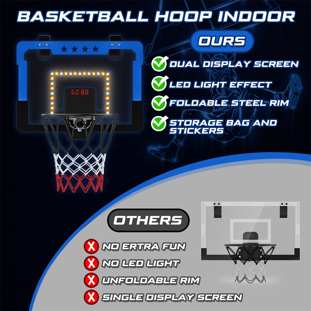 Growsly Indoor Basketball Hoop with Dual Electronic Scoreboard and LED Light Powered by Battery for 4-12 Years Old Kids, Blue