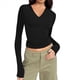 thumbnail image 2 of Camisas de Larga de Moda para Mujer, Blusas de Otoño con Cuello en V, Ajustadas y Recortadas, Conjuntos Y2K. Negro L, 2 of 7