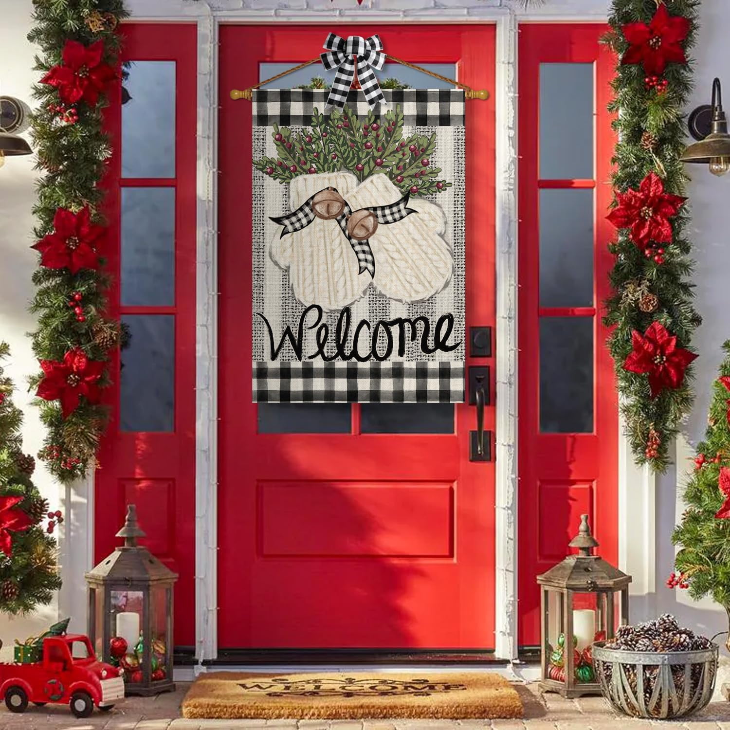 Lanola Gloves Holly Welcome Winter House Flag 28x40 Inch Double Sided, Buffalo Plaid Rustic Seasonal Yard Outdoor Decorative Flag