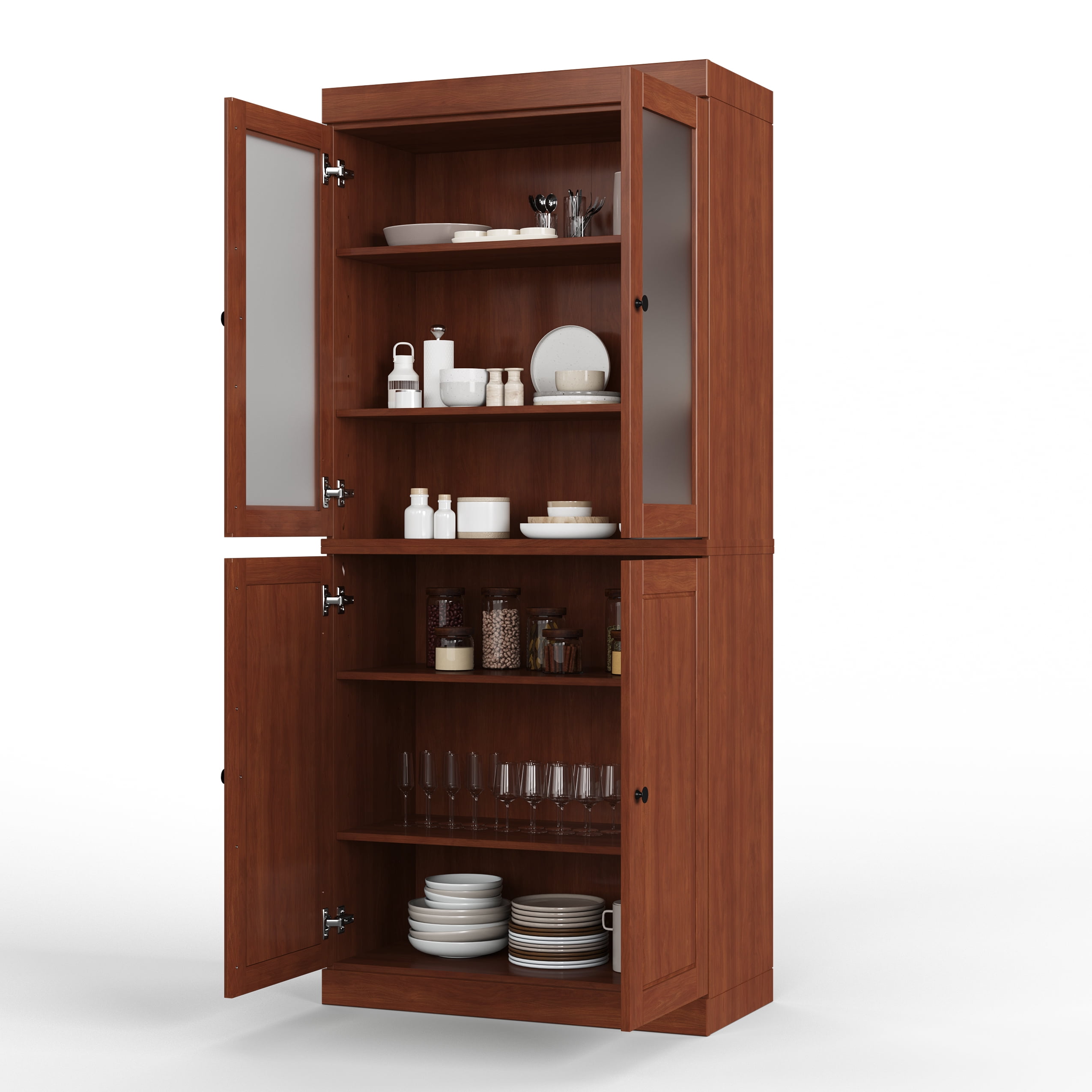 Palace Imports 100% Solid Wood 32" Pantry Cabinet with Solid, Frosted Glass Doors and Adjustable Shelves, Mocha