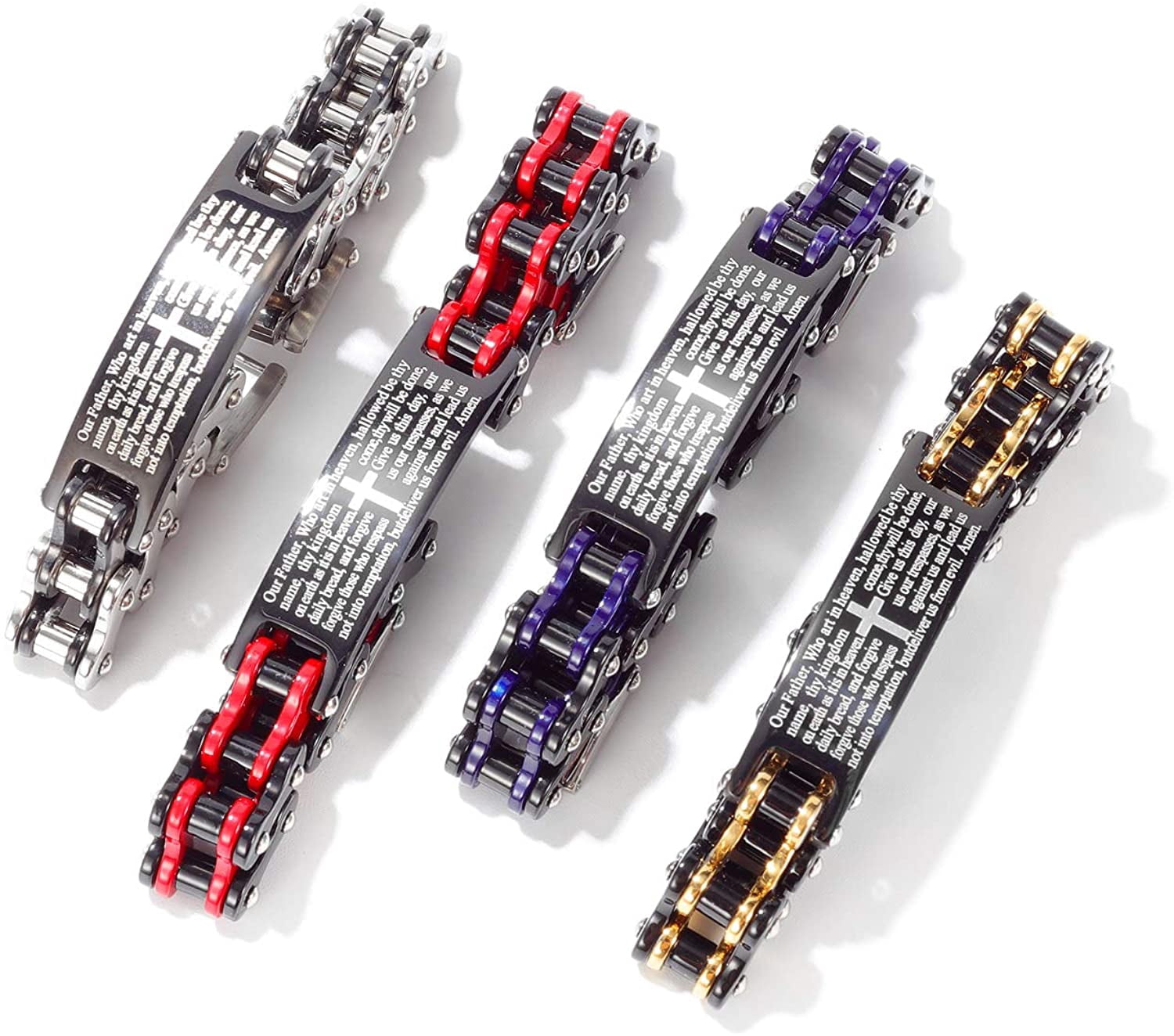 Mens Motorcycle Bike Link Chain Lord's Prayer English Christian Cross Bracelet Size 8 Inch or Size 9 Inch (Red, 8 Inch)