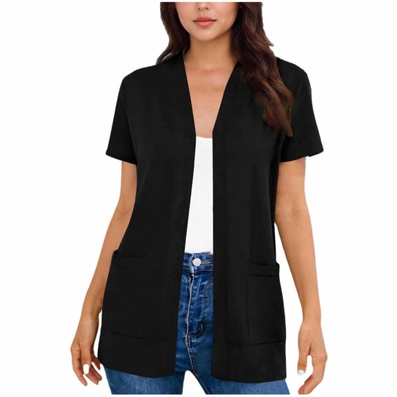 MOJOGO Spring Summer Cardigan for Women Lightweigh Short Sleeve Jackets Open Front Tops with Pocketst Casual Outfits 3XL