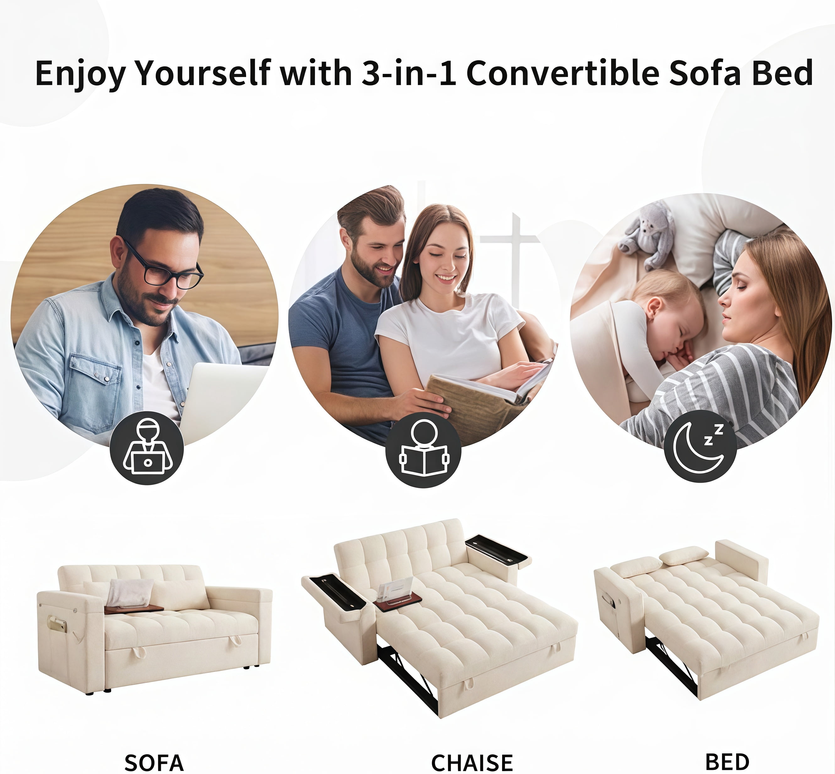 ShiKeyi 65" 3-in-1 Convertible Sofa Bed, Pull Out Loveseat with Chenille Fabric/Hidden storage space/Cup holder, Sleeper Sofa Bed for Living Room, Beige