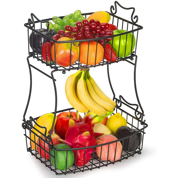 Auledio 2-Tier Metal Oval Fruit Basket with Banana Hanger, Decorative Organizer for Kitchen Countertop (Black)