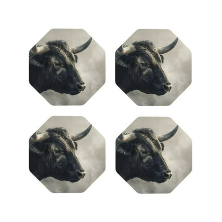 

Leather Coasters Set of 4 - Mystical Bull in Fog Lightweight Non-Slip Drink Coasters for Desk Anti-Scalding Desk Cup Coasters for Office Table Decor Octagon