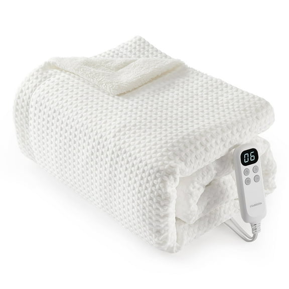 JoanKaren Electric Blanket Throw Size,50"x60" Waffle Fast Heating Throw Blanket with LCD Controller,6 Heat Settings,1-4 Hour Auto Shut-Off,White