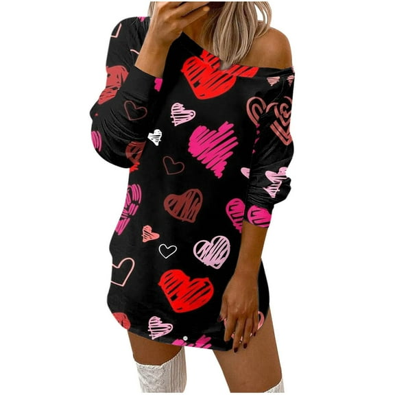 Honeeladyy Sales Women's colorful Love Printed Pullover Long Sleeve Crewneck Loose Top Casual Comfy Mini Dress Valentine's Day Gift Dress