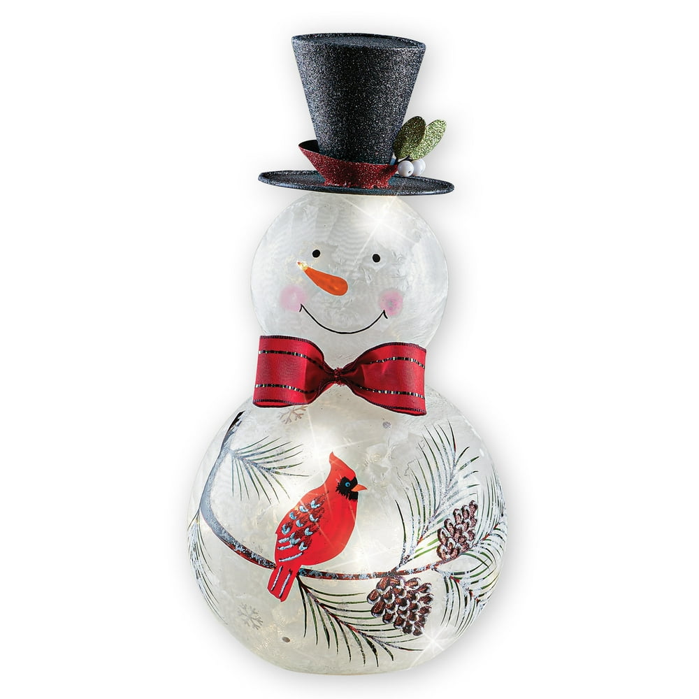 Lighted Frosted Glass Snowman with Cardinal Accent