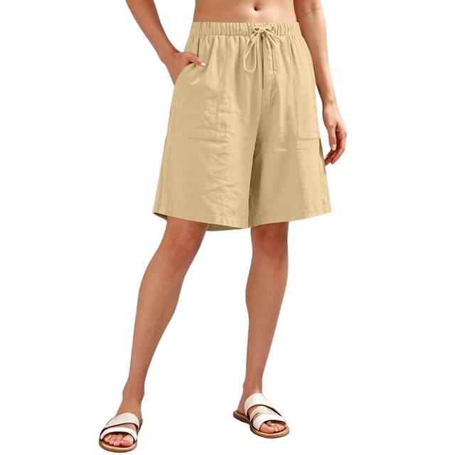 QATAINLAV Bermuda Shorts for Women Solid Casual Wide Leg Linen Beach Shorts Drawstring Elastic Waisted Knee Length Slacks with Pockets Khaki L Ropa de Verano Para Mujer