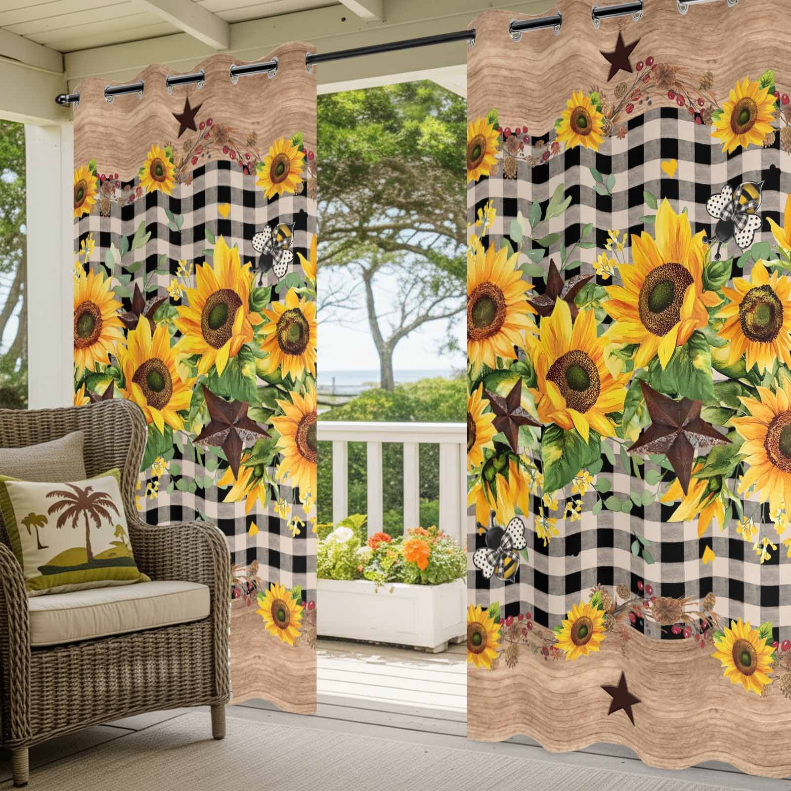 Outdoor Curtains for Patio Waterproof, Spring Sunflower Windproof Pravicy Outside Porch Blackout Curtain, Checkered Star Farmhouse Retro Sun Blocking Grommets Curtains for Cabana Gazebo 54"x108"