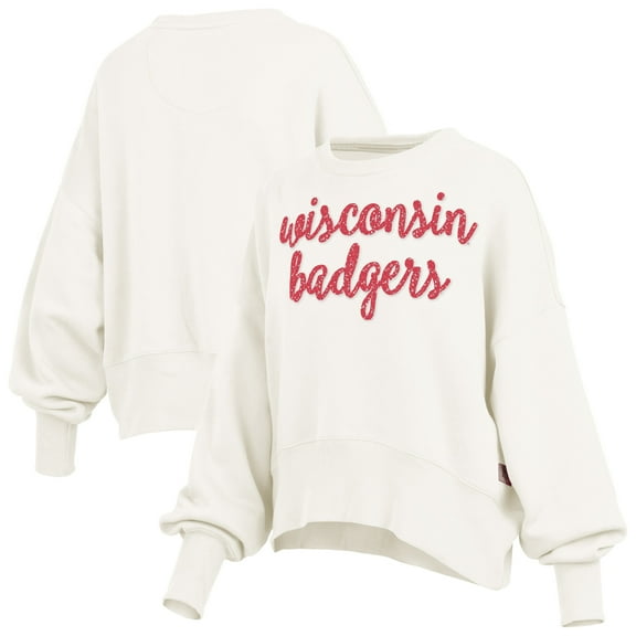 Women's Pressbox Cream Wisconsin Badgers Oversized Chelsea Waist Length Pullover Sweatshirt