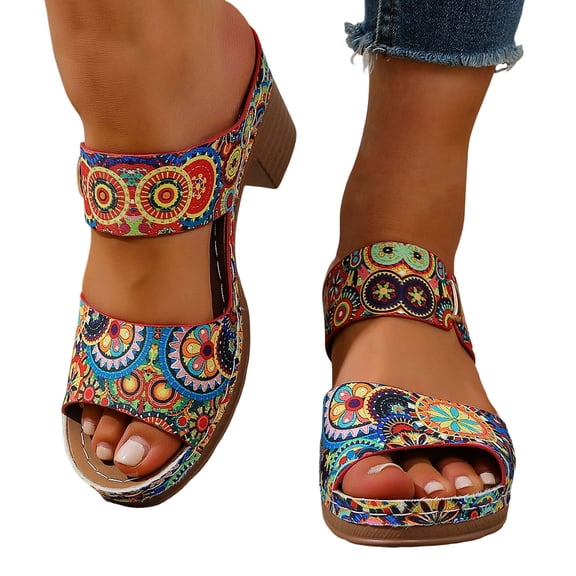 Rokment Womens Ethnic Retro Platform Slip on Dress Sandals Bohemian Beach Vintage Casual Leather Arch Support Chunky Block High Heels Slides Slippers for Vacation Blue Size 6