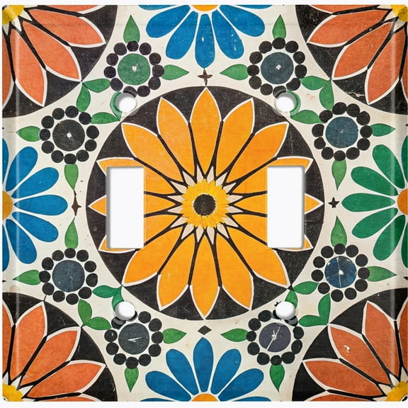 Metal Light Switch Wall Plate Outlet Cover (Printed Image of Floral Mandala Tile - Double Toggle)