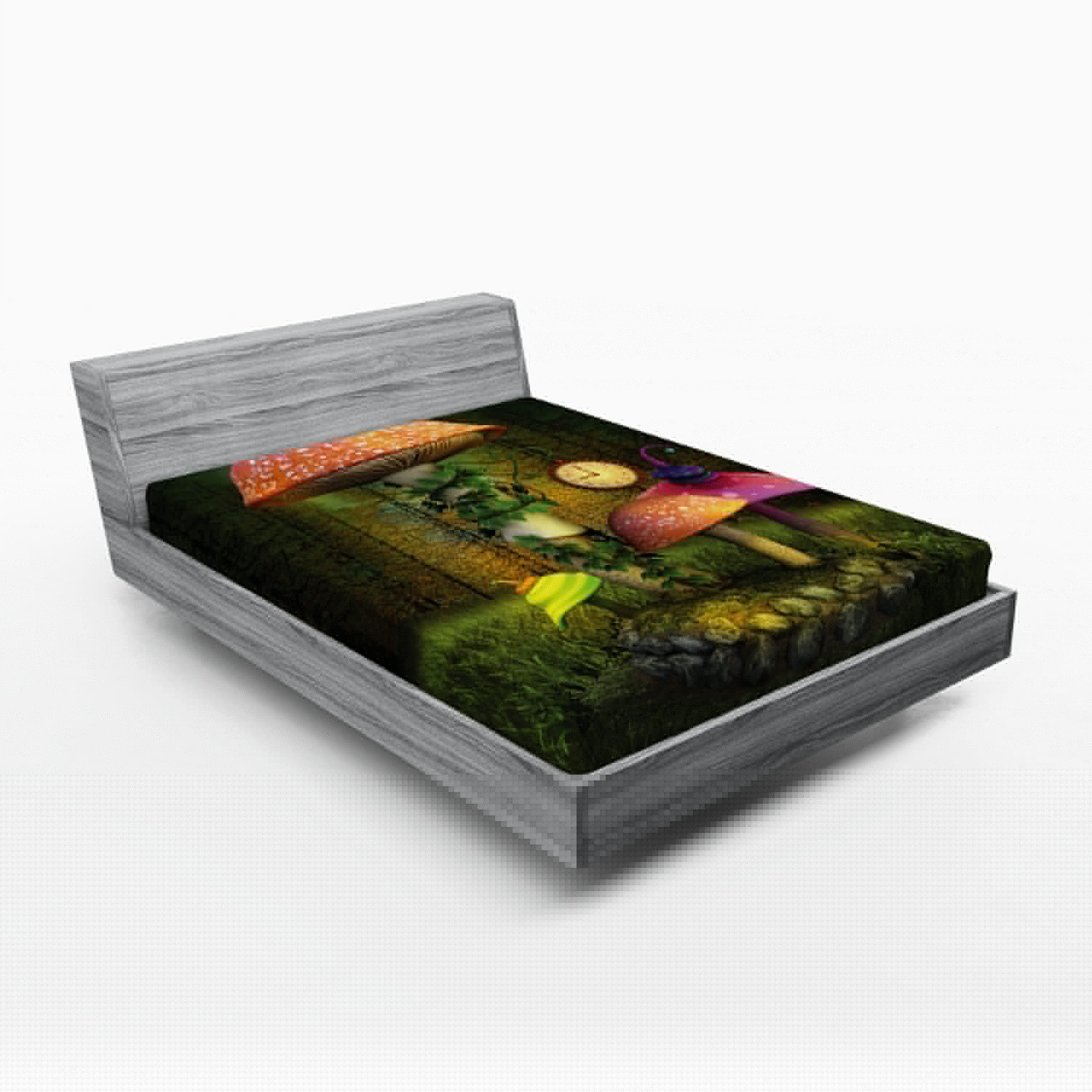 Ambesonne Fantasy Fitted Sheet, Giant Mushroom and Elve, Queen Size, Green Coral