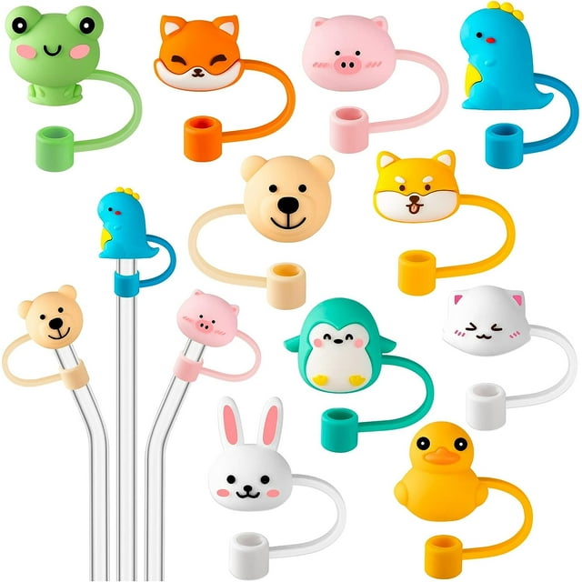 10pcs Animals Straw Tips Cover Cap, 68 mm Silicone Straw Tips Cover, Dinosaurs Frog Duck Straw
