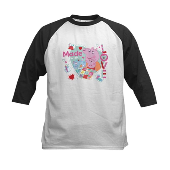 CafePress - Peppa Pig: Made With Love Kids Baseball T Shirt - Kids Cotton Baseball Jersey, 3/4 Sleeve Shirt