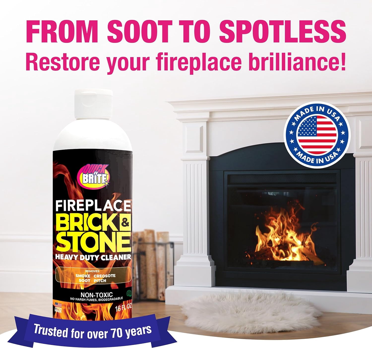 Quick N Brite Fireplace Gel Cleaner for Brick, Stone, Rock, Tile, and Marble, Nonabrasive Fireplace Cleaner, Made in the USA, 16 oz
