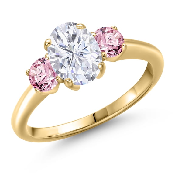 Gem Stone King 10K Yellow Gold White Moissanite and Pink Lab Grown Diamond Engagement Ring for Women | 2.00 Cttw | Oval 8X6MM | Gemstone Birthstone | Size 7