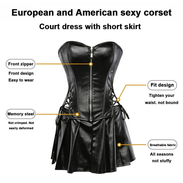 Women's Zipper Sexy Ruffled Punk Rock Corset with Skirt Retro Goth Waist  Cincher Basque Bustier 