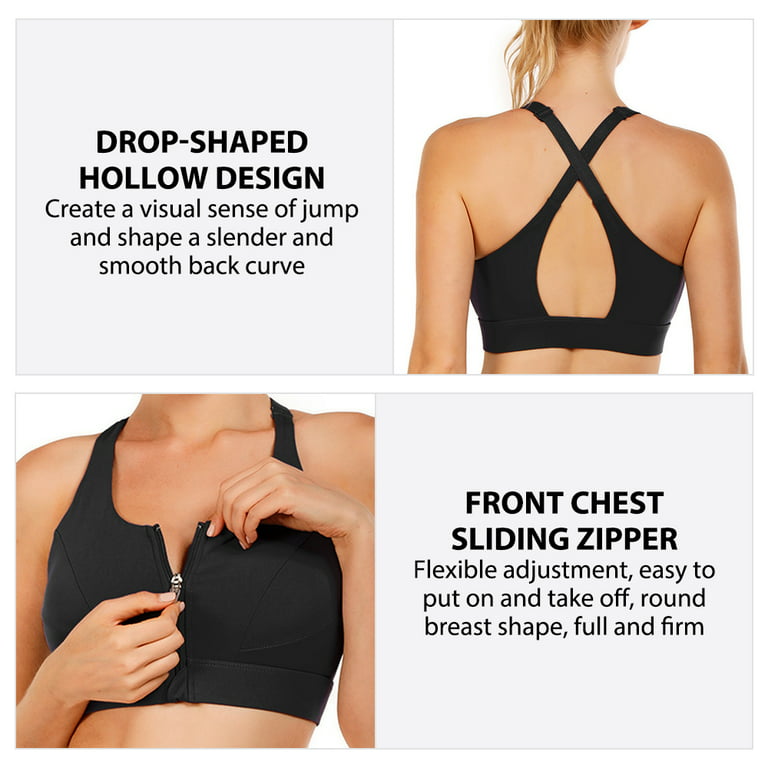 Bodychum Zipper Sports Bra for Women Adjustable Straps Quick Dry Extra  Support Coverage Criss-Cross Padded Bra Running