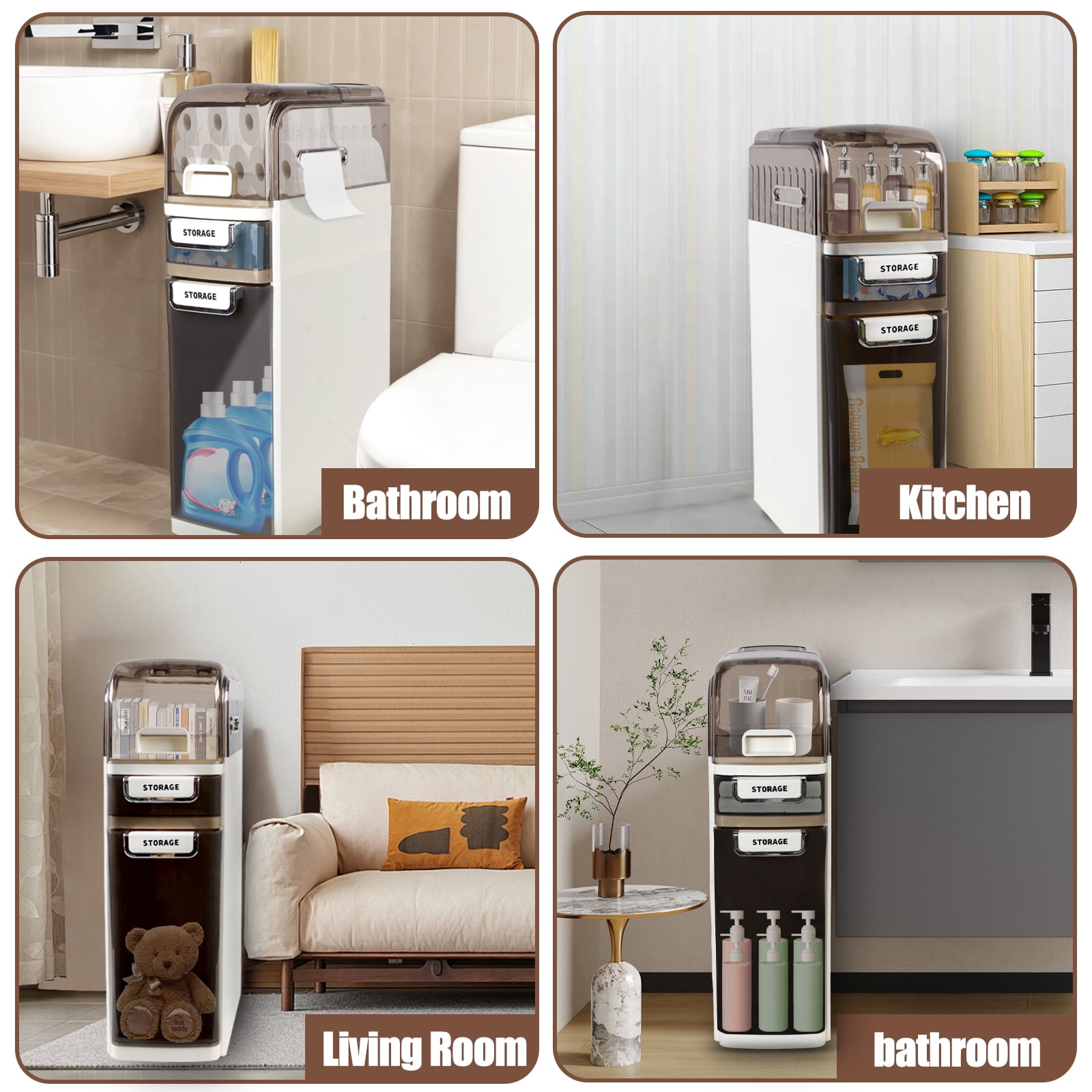 3 Tier Standing Storage Cabinet with Drawers and Removable Rollers, Slim Bathroom Storage Cabinet, Large Capacity Design, Narrow Toilet Paper Cabinet for Tight Spaces, White