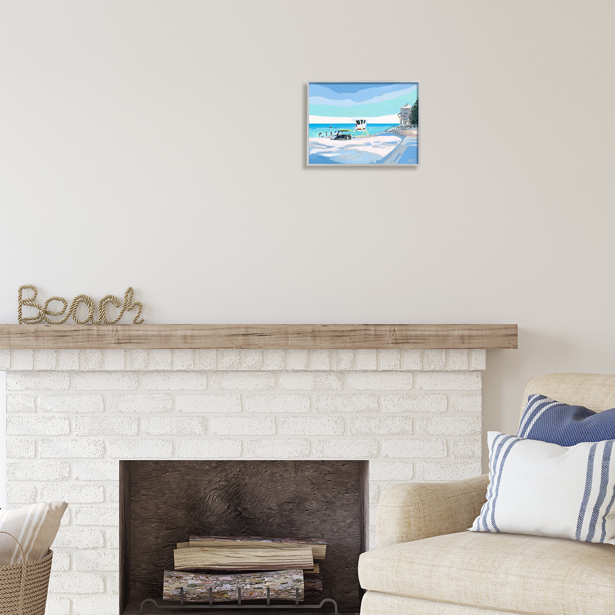 Stupell Industries Blue & White Beach Landscape Painting Gray Framed Art Print Wall Art, 14 x 11