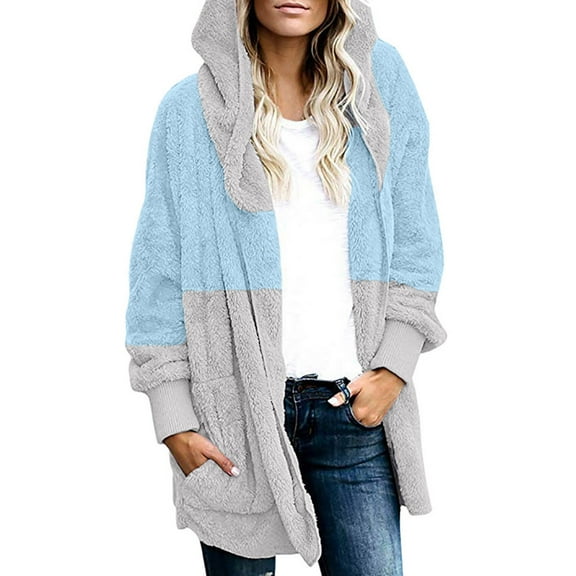 IROINNID Women's Shearling Jacket Long Sleeve Contrast Color Hoodie Outwear, Casual Autumn and Winter Patchwork Color Female Blouse Plush Cardigan Long-Sleeved Jacket