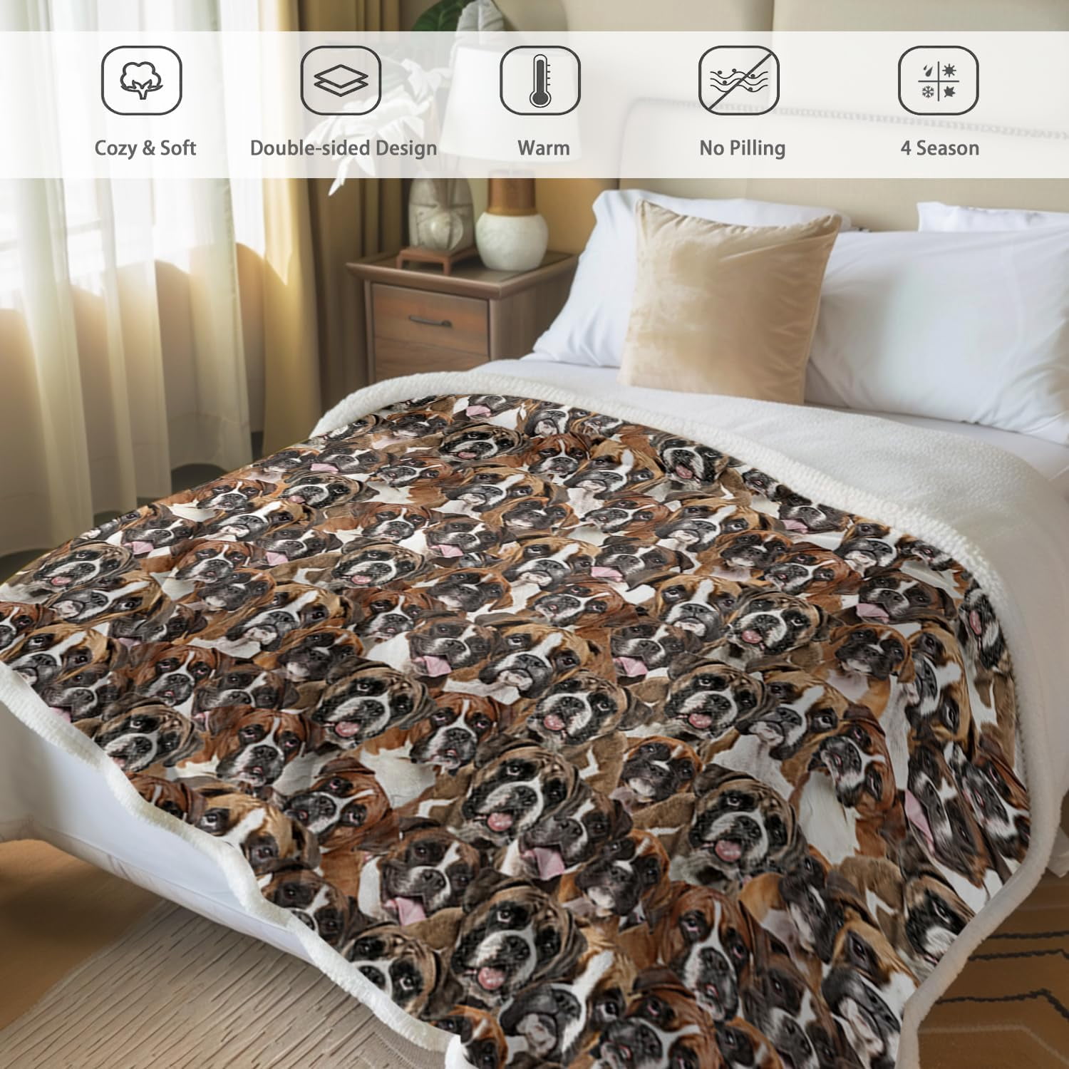 Boxer Blankets Super Soft Fuzzy Dogs Blanket for Kids Adults Cute Puppy Fleece Blanket Reversible Animal Brown Sherpa Throw Thick Lightweight Cozy Plush Blankets (White Boxer,Twin,60"x80")