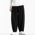 thumbnail image 3 of Men's Casual Loose Solid Color Linen Pants, Cotton Linen Wide Leg Harem Trousers Chinese Style for Bohemian Fashion and Comfort,Black,L, 3 of 8