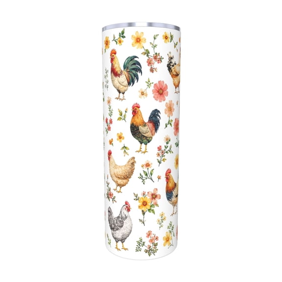 20oz Floral Chicken Rooster Insulated Car Tumbler with Handle and Straw Farmhouse Travel Coffee Cup Gift for Chicken Lovers with Straw