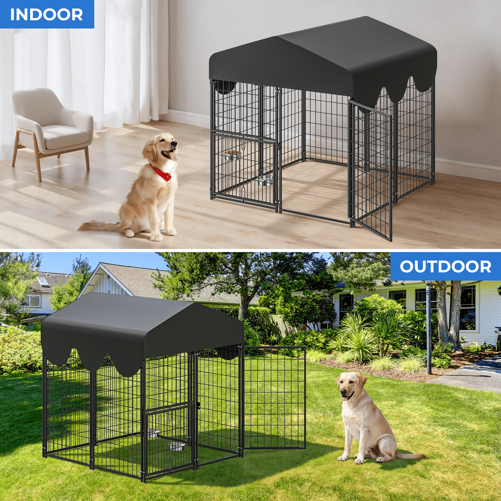 Suchown Dog Kennel Outdoor with Roof – Heavy Duty Dog Run, Large Dog Crate with Waterproof Cover, Rotating Feeder & Secure Lock, Expandable Dog Fence for Small to Large Dogs, 4' x 4.25' x 4.5'