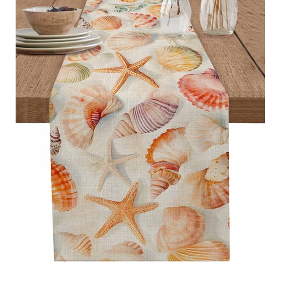 Hokiten Table Runners 108 Inches Long Dress Scarves, Orange Shells Coastal Farmhouse Coffee/Dining/Kitchen Table Runner for Living Room, Summer Beach Starfish Burlap 13x108 Inch